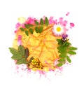 Pink daisy and other may flowers herbs ring wreath ornament on gold yellow crumpled paper and pain splashes. Background with free Royalty Free Stock Photo