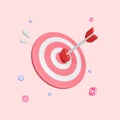 Pink dart hit to center of dartboard, Heart shaped target and arrow icon isolated on pink background with clipping path Royalty Free Stock Photo