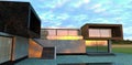 The pink dawn is reflected in the windows of an advanced house. Sun glare plays on the concrete walls. 3d render.