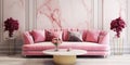 Pink decorative elements on marble wall. Interior design of modern Hollywood regency living room