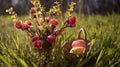 Pink decorative roses, Colorful Easter eggs in basket hidden in the green grass. Easter egg hunt.