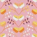 Pink with decorative white and orange florals seamless pattern background design.