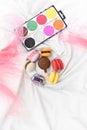 Pink delicate fluffy feathers and colorful macaroons on a white satin background Royalty Free Stock Photo