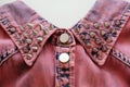 Pink denim collar with metal studs and buttons close up. White background Royalty Free Stock Photo