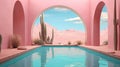 Pink desert sky and sand, in the style of surrealistic futuristic. Illustration AI Generative