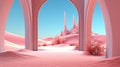 Pink desert sky and sand, in the style of surrealistic futuristic. Illustration AI Generative