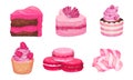 Pink Desserts with Candy on Stick and Layered Cakes Vector Set