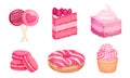 Pink Desserts with Candy on Stick and Layered Cakes Vector Set