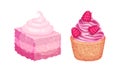 Pink Desserts with Cupcake with Whipped Cream and Berry Vector Set