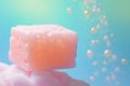 Pink detergent washing sponge for cleaning. Sponge for washing dishes, cleaning product, cleaning service. Spring home cleaning