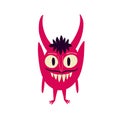 Pink devil demon with a creepy face. Vibrant bright Strange ugly Halloween characters.