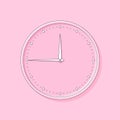 Pink dial of wall clock with white hands. Round watch. Minimal background.