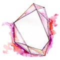 Pink diamond rock jewelry mineral isolated. Geometric polygon crystal stone. Watercolor background illustration set.