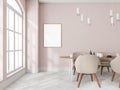 Pink dining room interior with table and chairs, window and mockup poster Royalty Free Stock Photo