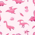 Pink dino pattern. Cute cartoon dinosaurs, leaves and palm. Pastel color girly seamless texture. Funny prehistoric