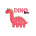 Pink dinosaur. Cute doodle dino hand drawn simple prehistoric animal for girl childish T-shirts, prints and nursery design, vector