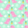 Pink dinosaur with pineapple and palm leaves seamless pattern on mint green background.