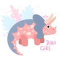 Pink dinosaur triceratops with a crown and hand lettering.