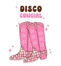 Pink Disco Cowgirl boots illustration, trendy retro groovy vibes disco era