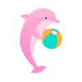 Pink dolphin with a ball. Vector illustration isolated on white background Royalty Free Stock Photo