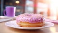 Pink donut banner. Closeup sweet donut dessert decorated with colorful sprinkles in cafe background. Colorful cake doughnut. Flat