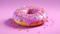 Pink donut banner. Closeup sweet donut dessert decorated with colorful sprinkles isolated on violete color background. Colorful