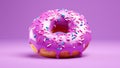 Pink donut banner. Closeup sweet donut dessert decorated with colorful sprinkles isolated on violete color background. Colorful