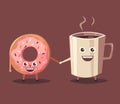 Pink donut and coffee character. Cartoon vector illustration