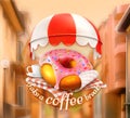 Pink donut and cup of coffee, outdoor sign, street background, invitation to a break, lunch time, advertising signboard for cafe