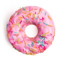 Pink donut decorated with colorful sprinkles isolated on white background