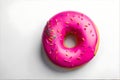 Pink donut decorated with colorful sprinkles isolated on white background. Flat lay. Top view