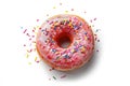 Pink donut decorated with colorful sprinkles isolated on white background Royalty Free Stock Photo
