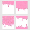 Pink Donut Glaze Background Set. Liquid Sweet Flow, Tasty Dessert Topping With Colorful Stars And Sprinkles. Ice Cream Drips. Vect