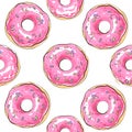 Pink Donut seamless pattern on white , hand drawn vector tasty sweet dessert Royalty Free Stock Photo