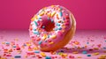 Pink donut with sprinkles on pink background. 3d rendering.