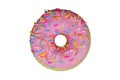 Pink donut, white background.