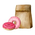 Pink donuts with glaze and takeaway paper bag watercolor illustration. Delicious round doughnuts for take out Royalty Free Stock Photo