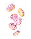 Pink donuts with marshmallows are falling down on a white background Royalty Free Stock Photo