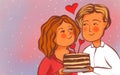 Pink dotted postcard for valentine`s day. couple in love together. birthday cake, hearts
