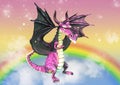 Pink dragon on a colorful background full of stars and a rainbow.