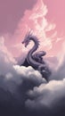 A pink dragon flies above the clouds. AI Generated