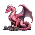 Pink dragon perched on rocks. The concept of a mythical and legendary creature.