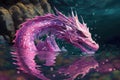 pink dragon swimming through crystal-clear lake, its scales shining in the light