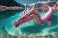 pink dragon swimming in crystal-clear lake