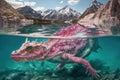 pink dragon swimming in crystal-clear lake