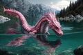 pink dragon, swimming in crystal-clear lake