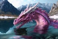pink dragon, swimming in crystal-clear lake