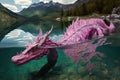 pink dragon swimming through crystal-clear lake
