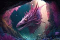 pink dragon, swimming through underwater cavern, with schools of fish swimming in the background