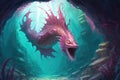 pink dragon, swimming through underwater cavern, with schools of fish swimming in the background